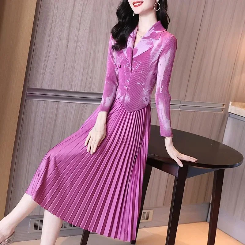 

Autumn New French Print Suit Collar Pleated Dresses Splice Fake Two Piece Dress A-line Long Sleeve Dress Elasticity Spring L224