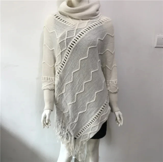 

Spring Autumn New Imitation Cashmere Tassel Sweater Women's High Neck Warm Sleeve Pullover Cloak Lady Sunscreen White
