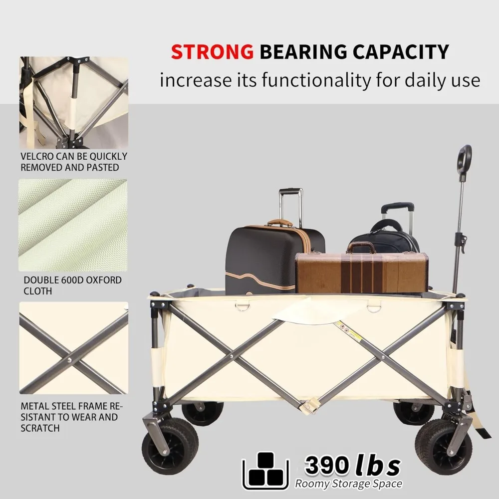 adjustable handle folding beach cart with 6.8" wheels for sand, 390lbs capacity