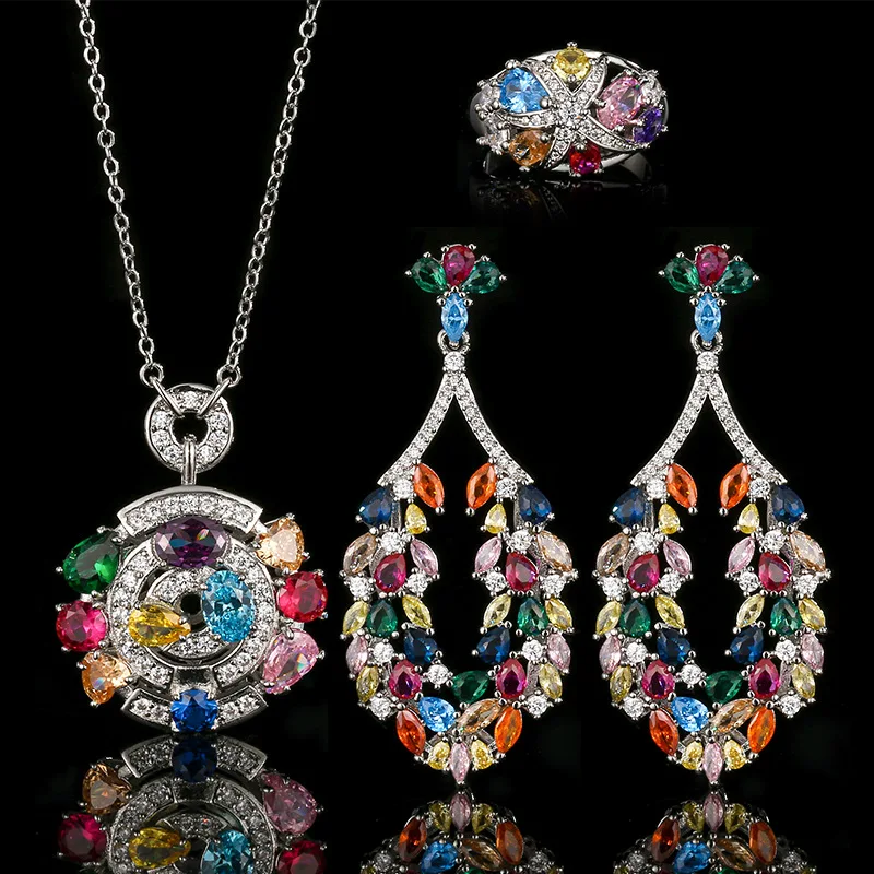

2025New European and American Colorful Gem Pendant Light Luxury High Carbon Diamond Necklace Colorful Crystal Ring