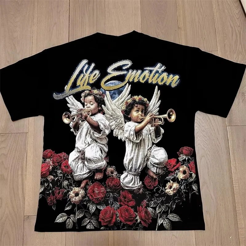 2026 new Street mixed fashion angel print short-sleeved loose round-neck pure cotton T-shirt, suitable for both men and women