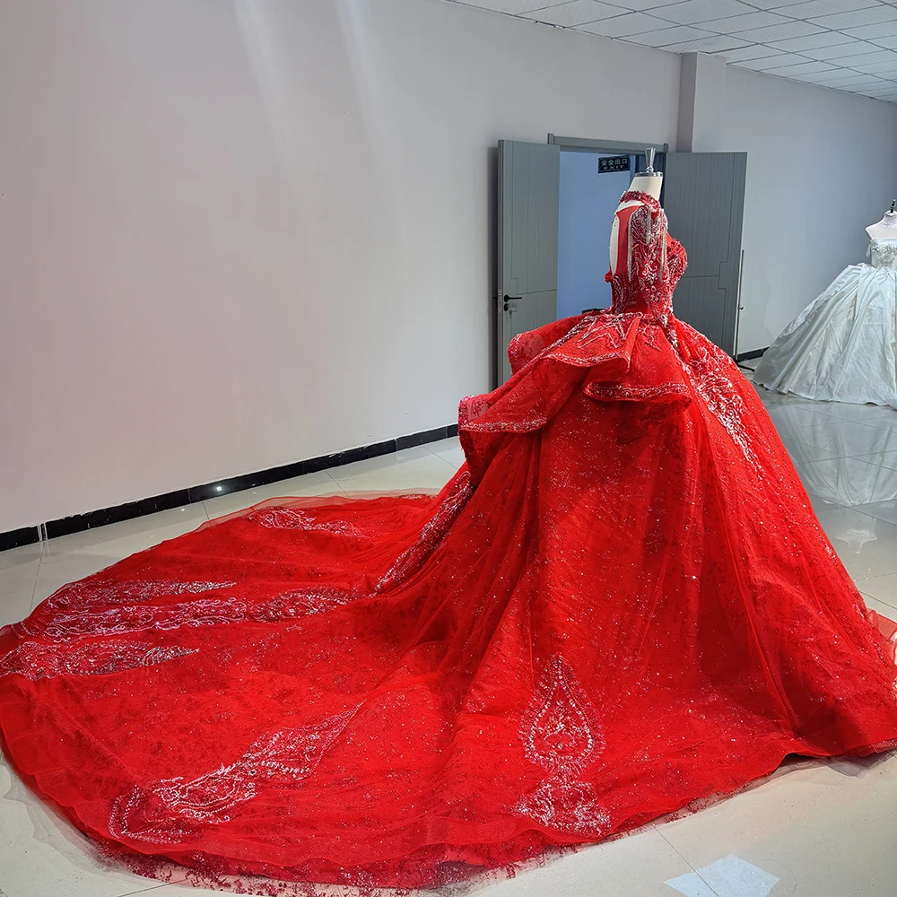 Vestido de fiesta de diseño Popular de manga larga personalizado, vestidos de novia rojos 2026 con cuello redondo, vestido de novia de princesa con gradas