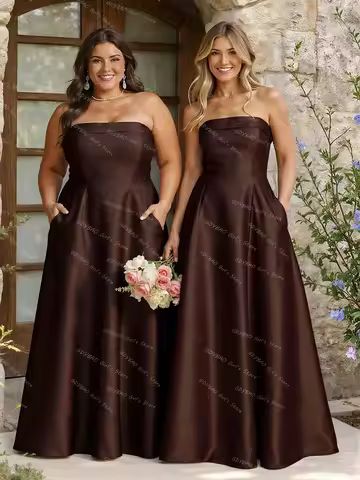Plus Size Satin Bridesmaid Dress for Women A-Line Strapless Wedding Party Dress With Pockets Evening Custom Vestidos de Noivas