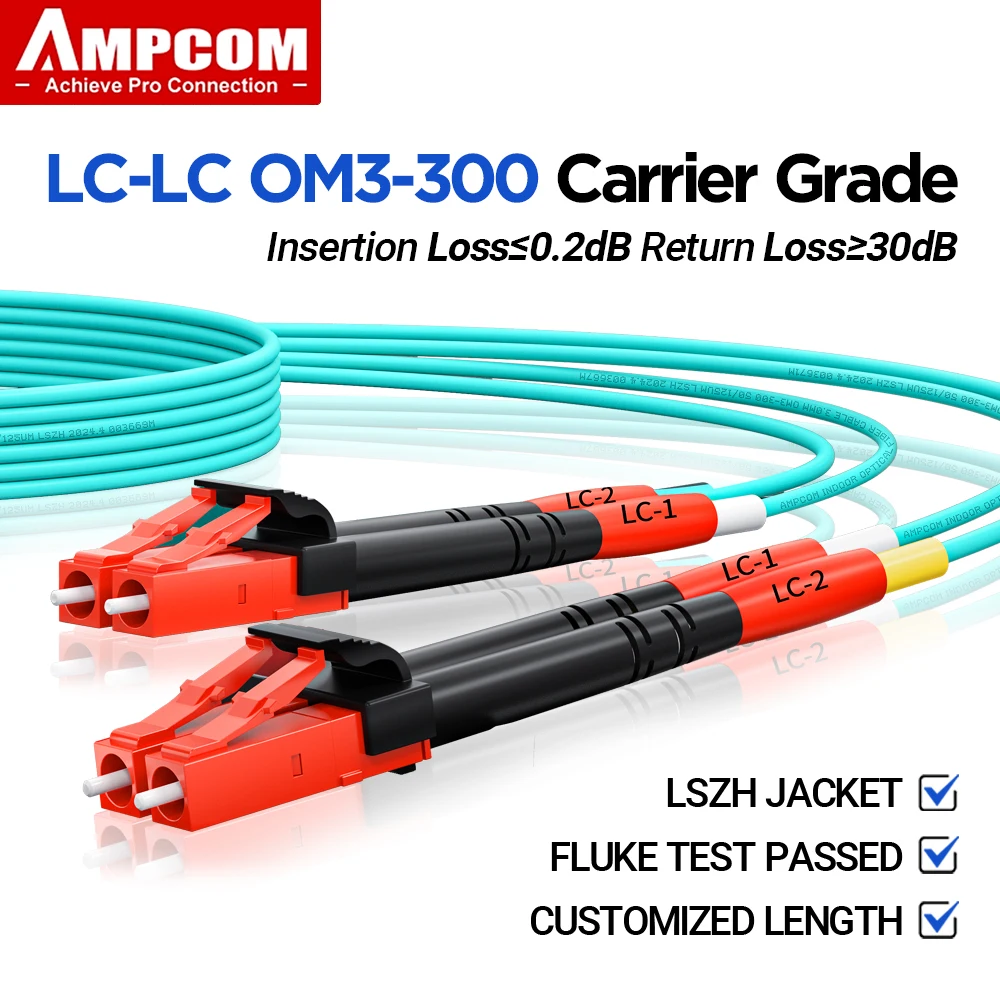 AMPCOM LC - LC UPC OM3 광섬유 패치 케이블 다중 모드 이중, 50/125μm, OD 2.0mm/3.0mm, LSZH OFNR, 1-100미터