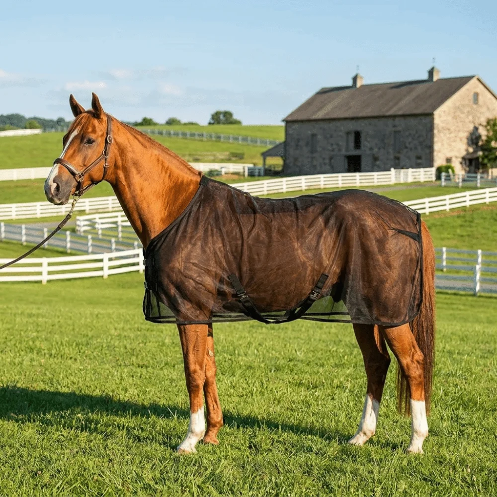 通気性のある馬用蚊よけベスト、調節可能な耐摩耗性馬用フライシート、バックルデザイン、速乾性馬用メッシュベスト