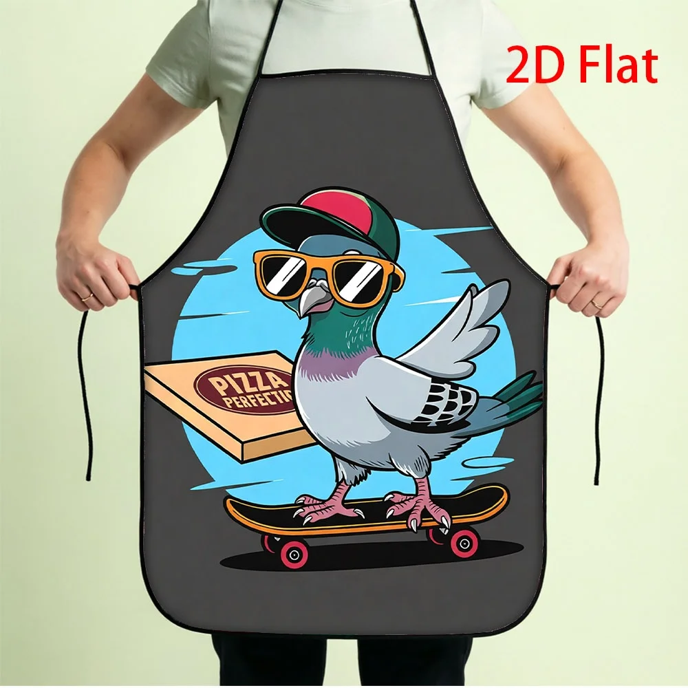 Funny Pigeon Skateboard Apron, Cool Bird with Pizza Box Print Waterproof Kitchen Bib, Hip Hop Style Gift for Men & Teens