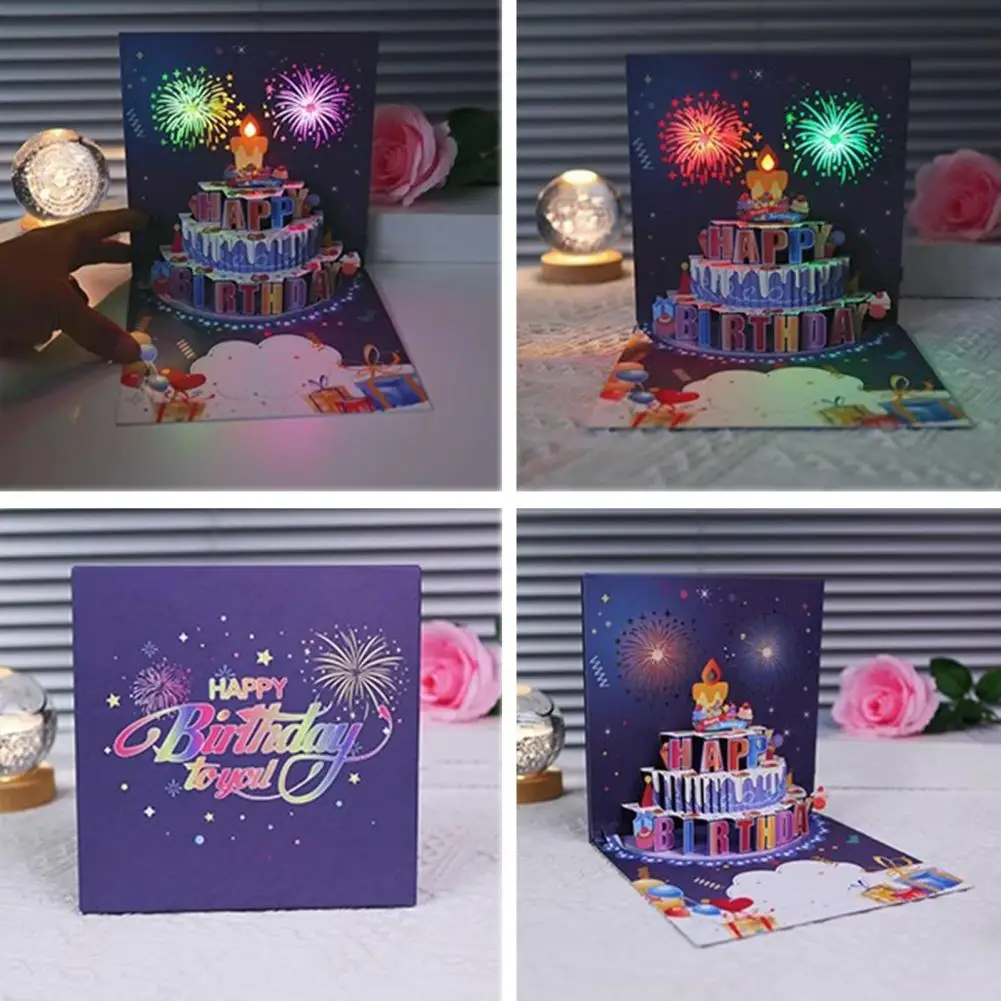 Joyful Celebration Card Elegant 3d Pop Up Birthday Cards with Pyrotechnics Music Blowable Candle Birthday Surprise for Her