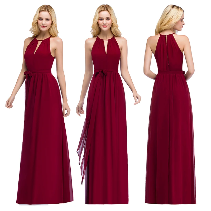 

Simple Burgundy Halter Bridesmaid Dress Cut Out Chiffon Floor-Length Prom Dress Draped With Bow Sashes Maxi Formal Evening Gowns