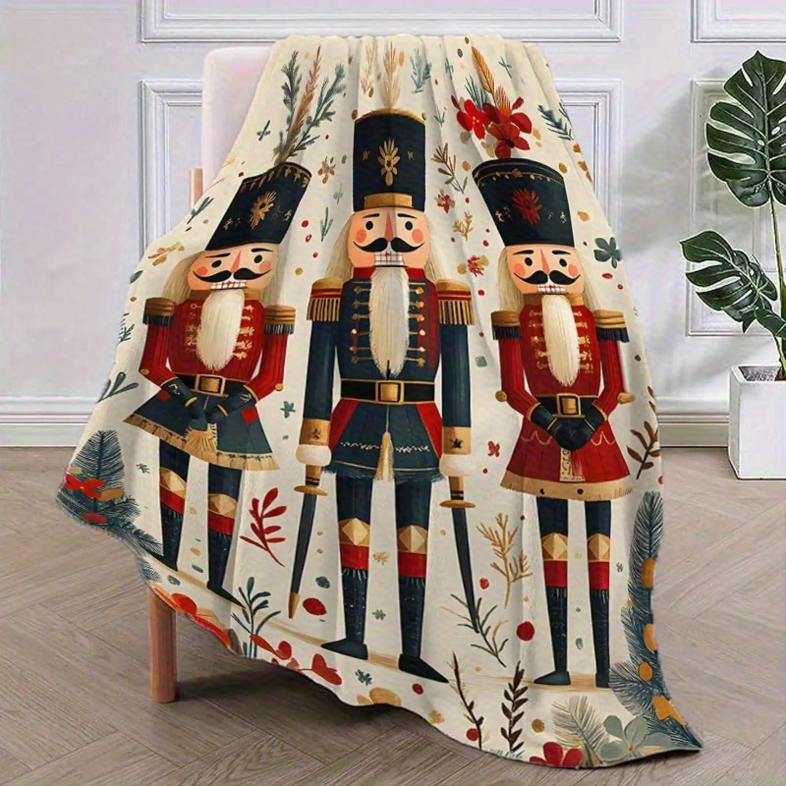 [Festive Nutcracker Blanket] Christmas Vintage Nutcracker Soldier Throw Blanket | Soft Flannel-Like Polyester, Red & Golden Soldiers, All-Season Couch Bedspread For Living Room, Holiday Decor - Machine Washable Lightweight Travel Accent