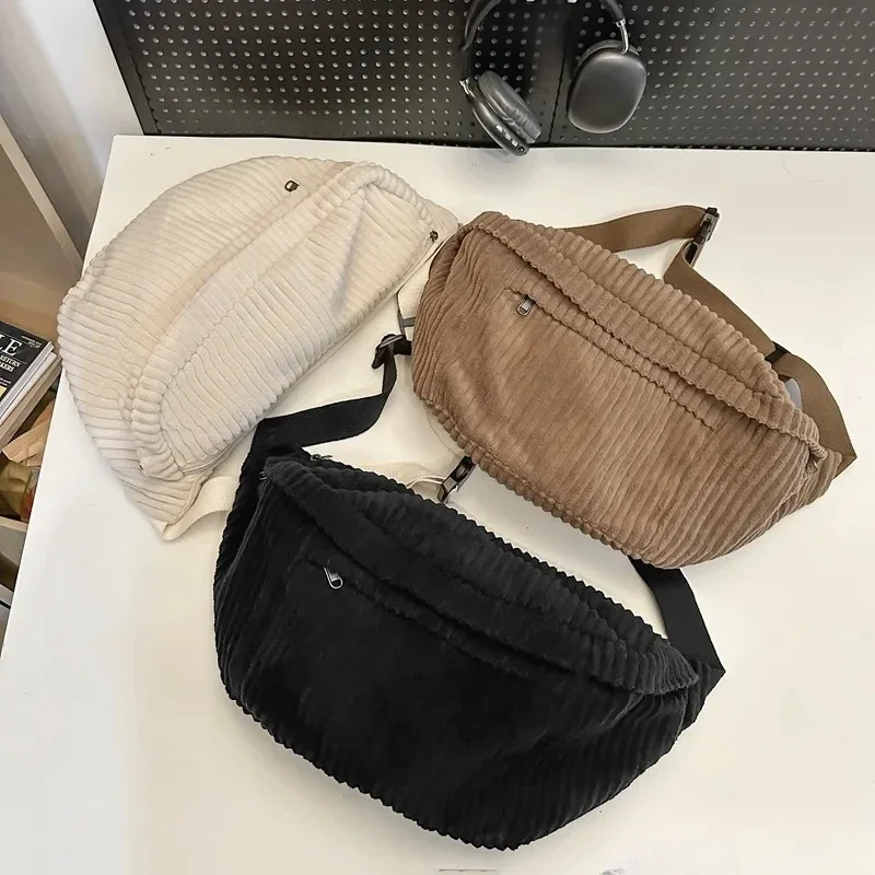Large Capacity Corduroy Women Waist Pack Casual Fanny Pack Academic Style Chest Bag Unisex Shoulder Crossbody Bag Waist Belt Bag