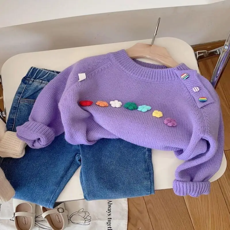 

Свитер Kawaii для девочек, трикотаж, повседневные топы, осенне-зимний модный тренд, пуловер, базовый слой, новый стиль, студенческая детская одежда