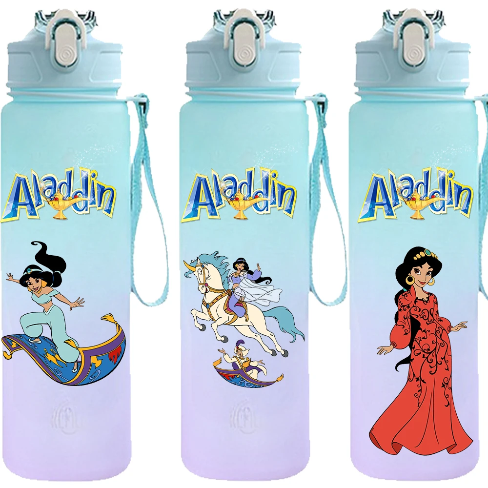 Taza de agua portátil de gran capacidad con dibujos animados de Disney Aladdin, botella de agua colorida con gradiente, taza para beber agua, regalo para niños, 750ml