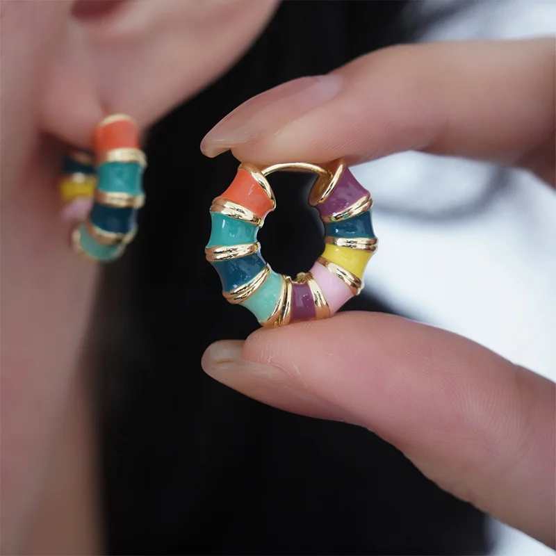 Vintage Colorful Enamel Small Hoop Earrings for Women Luxury Delicate Rainbow Oil-drop Glaze Earrings Wedding Party Jewelry Gift