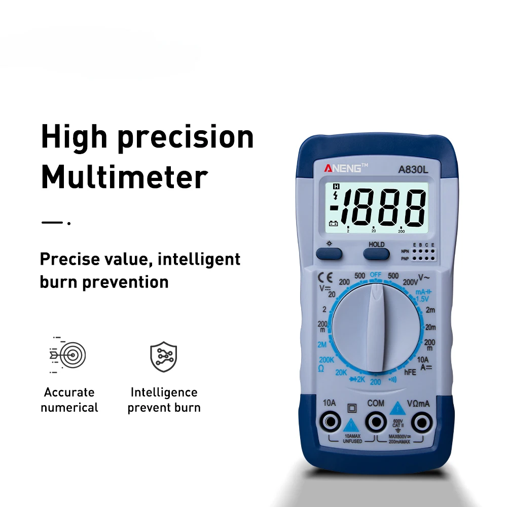 Multimètre intelligent avec écran LCD, voltmètre et ampèremètre, tingOhmmètre d'électricien, détection de diode et de triode, outil de test électrique, A830L