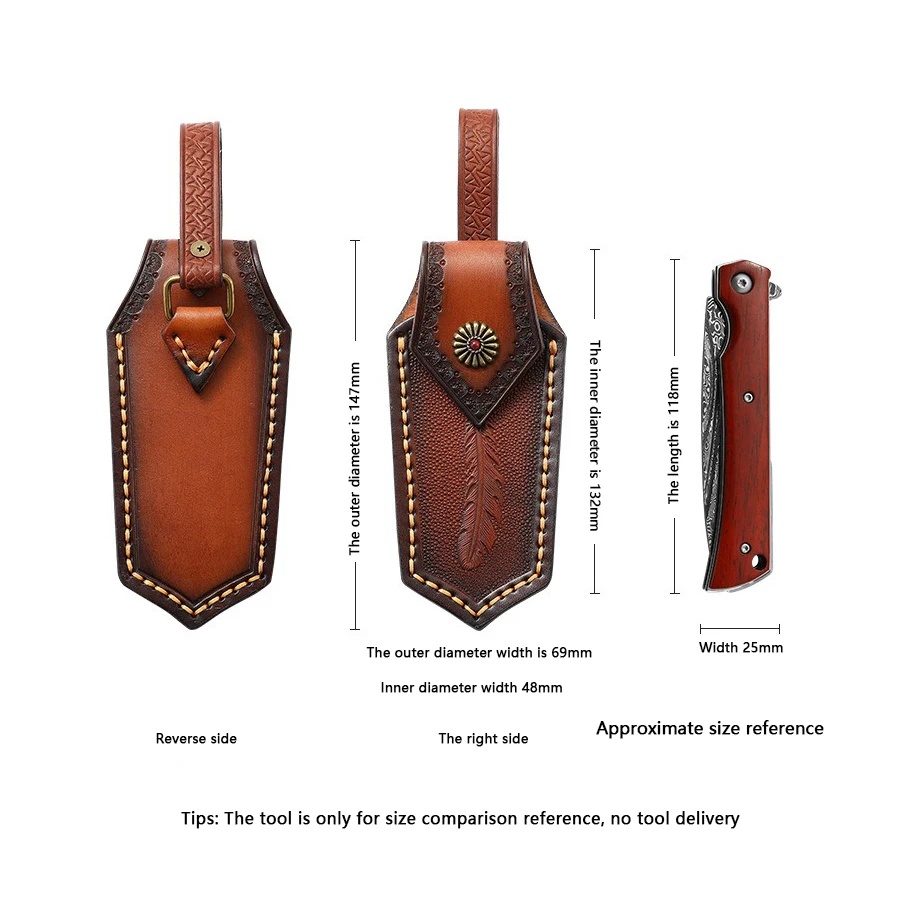 طقم سكاكين قابل للطي مع جلد مدبوغ بالخضار ، مخيط يدويًا ، طقم سكاكين مطبوع ، جلد بقر بطبقة علوية ، غمد سكين خارجي