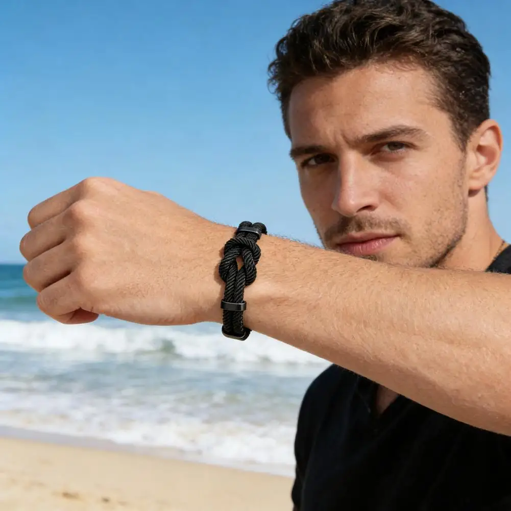 Adjustable Men Rope Men Fashion Accessory Bracelet Simple Black Rope Bracelet with Card Gift for Husband Boyfriend Son