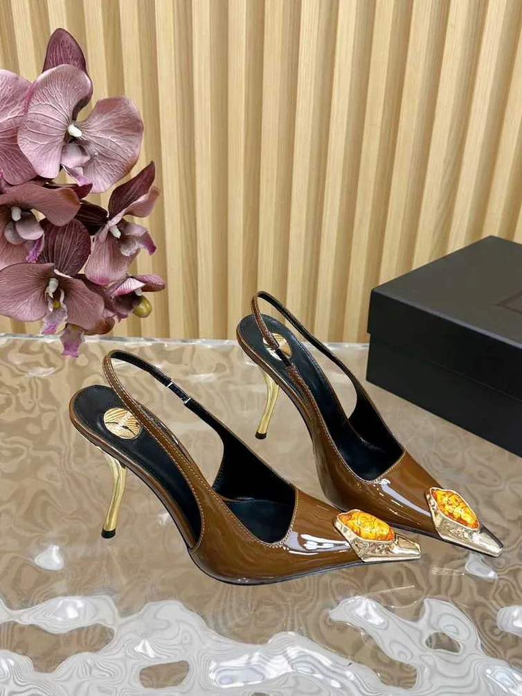 New Spring and Summer Women's High Heels High-end Metal Square Head Patent Leather Stiletto Comfortable Back Sandals