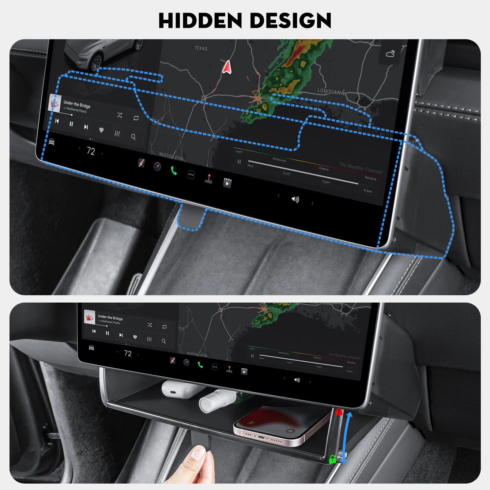 Under Screen Storage Box with Behind Screen Tissue Holder for Tesla 2025-2026 Model Y Juniper Accessories