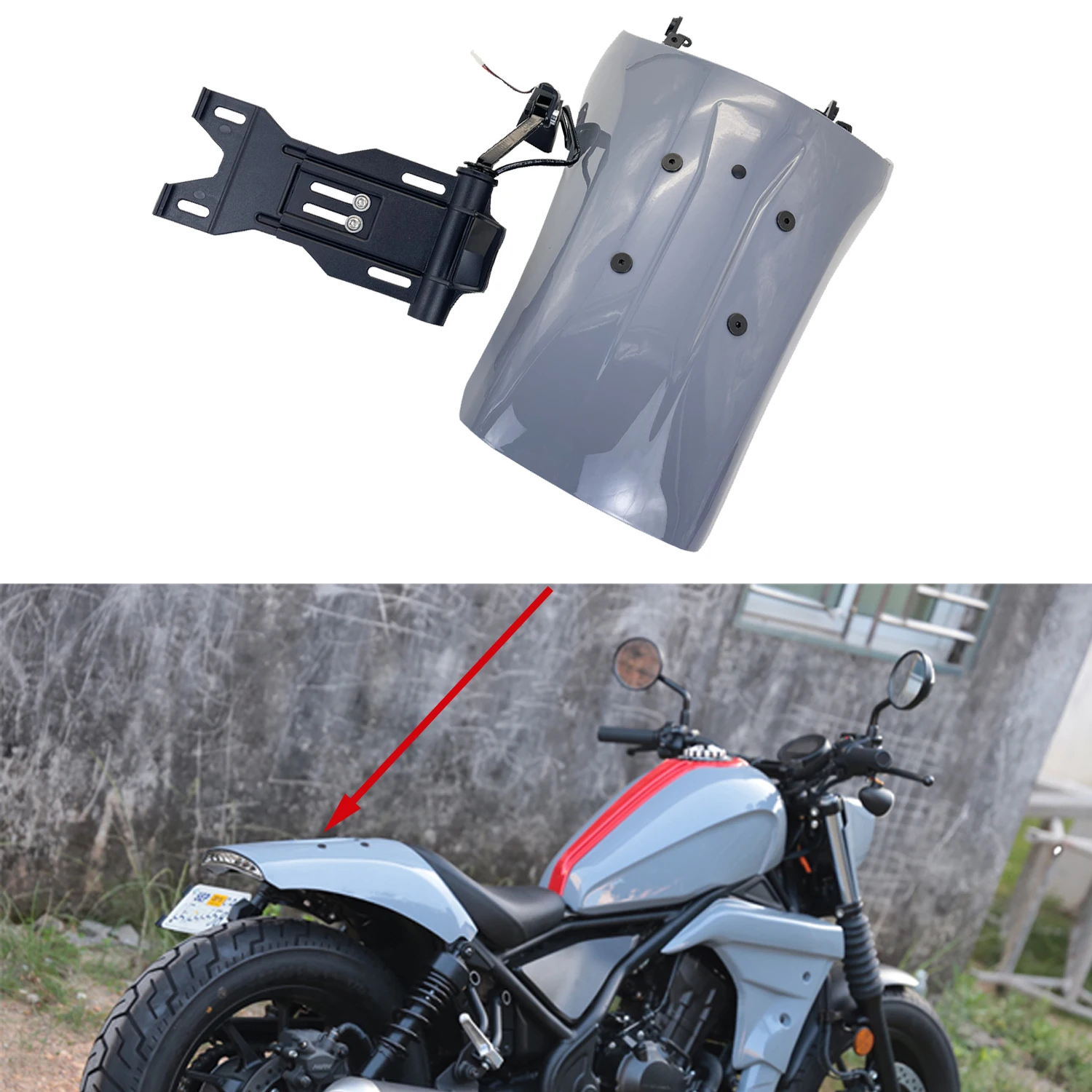 Gunship Gray  Rear Fender Mudguard +Licence Plate Bracket+Turn Signal Assembly For Honda Rebel CMX 300 CMX 500 2017-2023