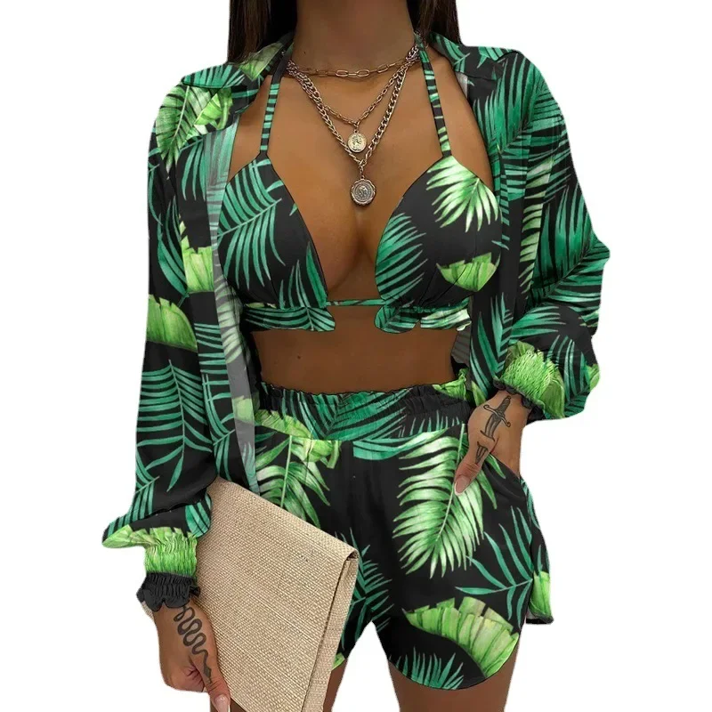 Summer New Women\'s Clothing Sexy Three-Piece Suit Beach Fashion Shorts Suit Casual Bra Shirt Shorts