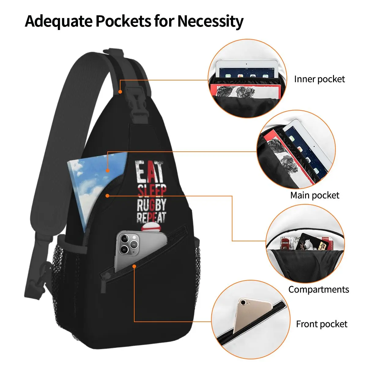 Eat Sleep Rugby Repeat England Rugby Chest Bag Men Sling Crossbody Backpack Chest Bag Traveling Hiking Daypack Shoulder Bag