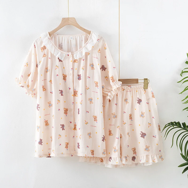 

Women's Summer Thin Pajamas Suitable for Outdoor Wear, Youth Cartoon Pure Cotton Gauze Lace Collar Home Wear Thin Short Sleeve S