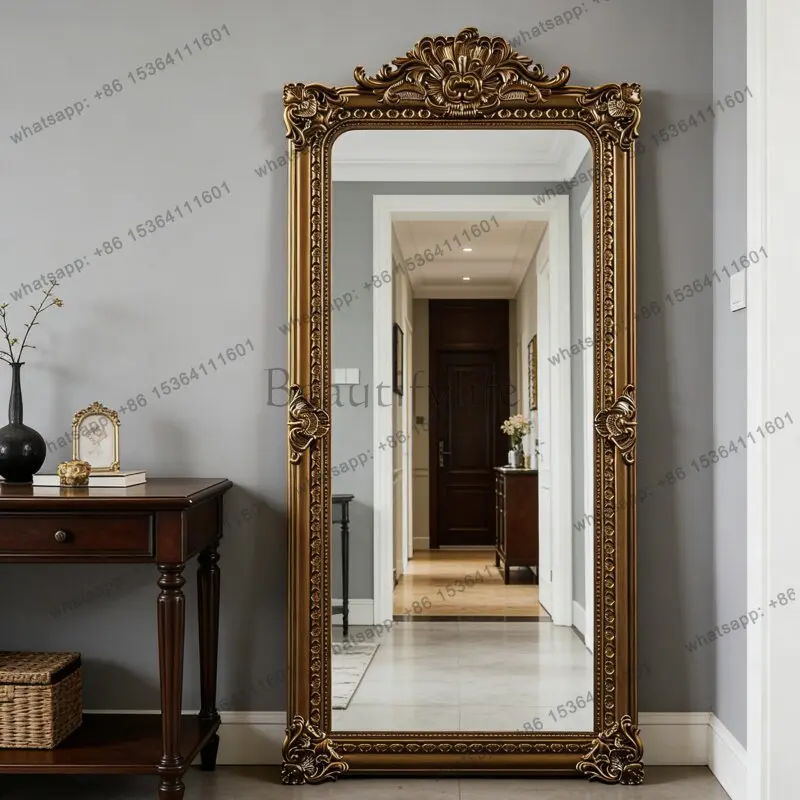 

American light luxury carved floor mirror retro court style decorative mirror