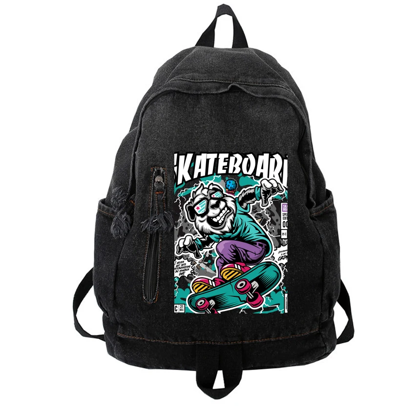 

Cartoon Monsters Skateboard Pattern Print Denim Backpacks Women School Bag College Style Large Capacity All-match Vintage Korean