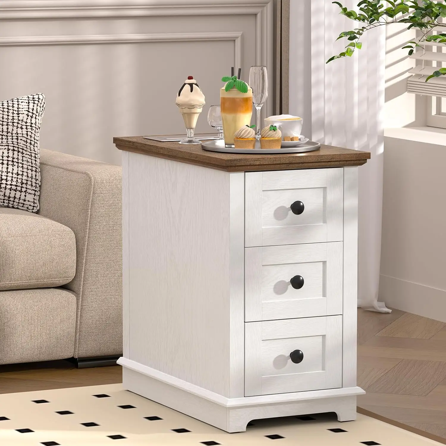 Narrow End Table Set 2, 3 Drawers & Charging Station with USB Type-C Power Outlets, Wooden Side Table Storage for Living Room Be