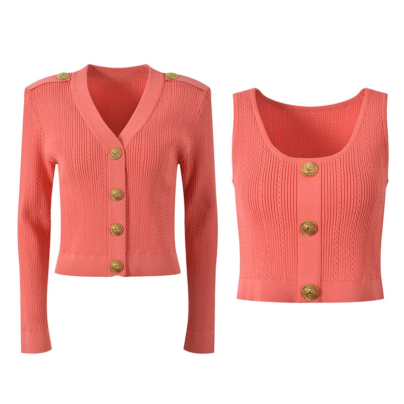 

High-End Version Parisian Sensation V-Ne Knitwear ort Sve Long TTop for Women Gold Bule oulder Open Cardigan