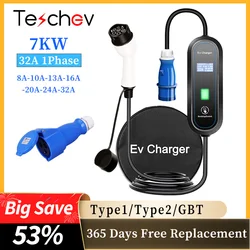 Teschev Portable EV Charger 220V 7KW J1772 Type1 IEC62196 Type2 GBT Charger 32A Adjustable Current Charger for Electric Car