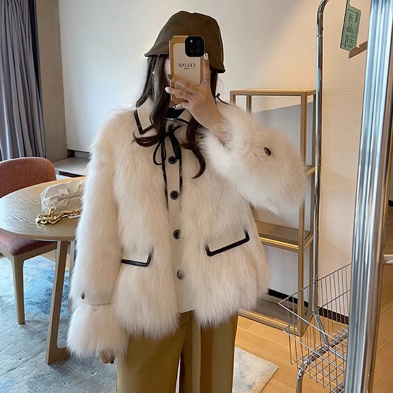 معطف فرو صناعي للنساء سترة من الفرو بأربطة وياقة مقلوبة وأكمام طويلة واحدة الصدر فضفاضة غير رسمية للمكتب للسيدات لخريف وشتاء 2025