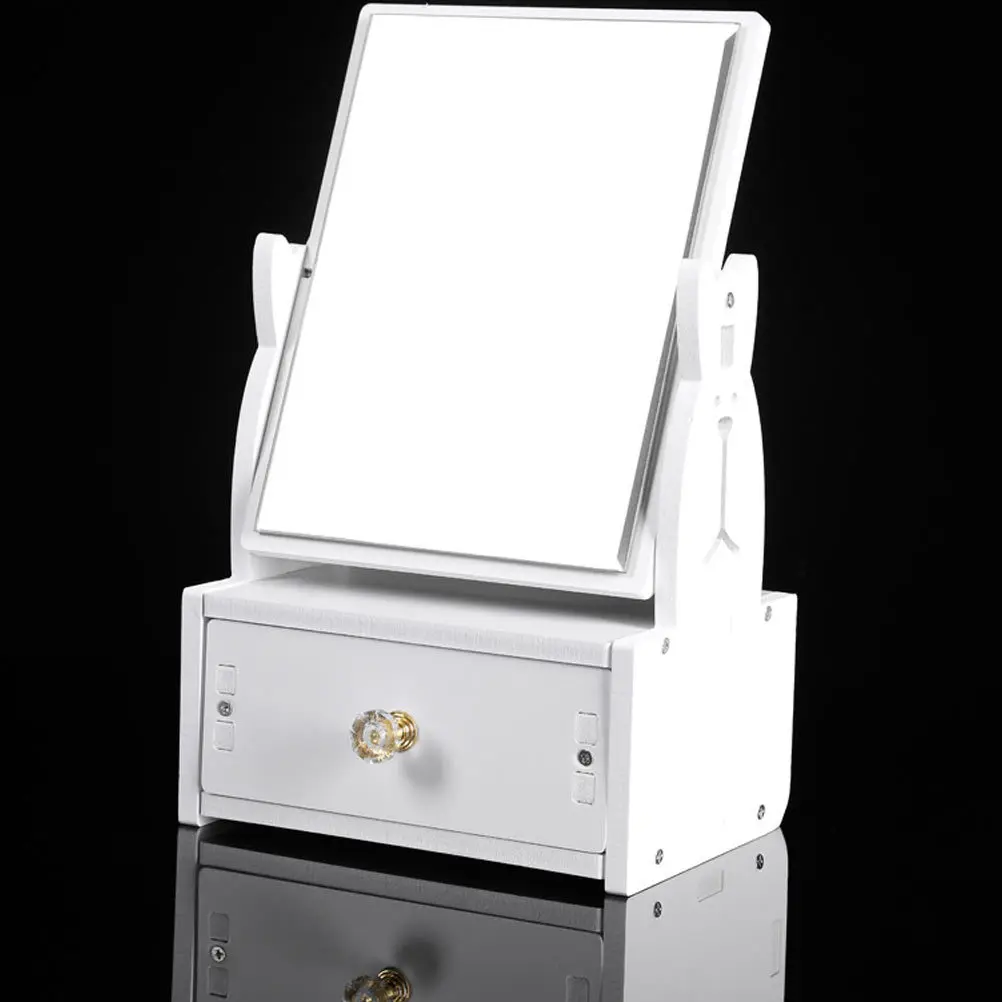 

1Pcs Mirror with Drawer Lovely Desktop Makeup Mirror 360 Degree Turnable Crystal Handle Storage for Jewelry Hair