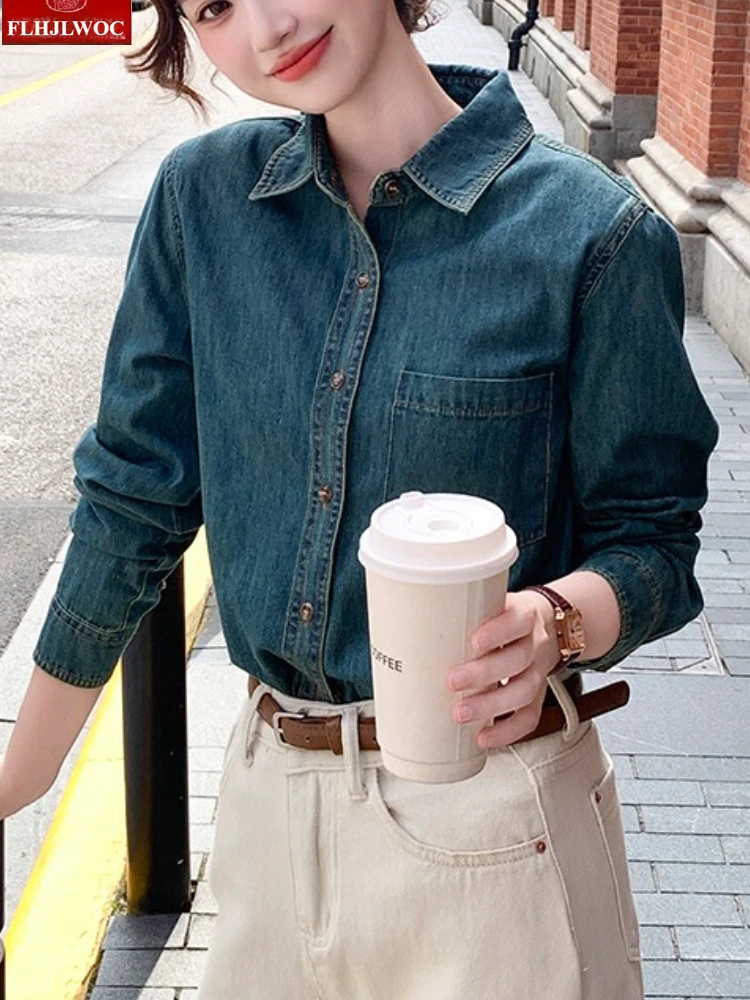 الأوروبي الرجعية الدنيم القمم ملابس خارجية فضفاضة السنة الجديدة الربيع المرأة طويلة الأكمام عادية خمر الوقوف طوق الأزرق الجينز قمصان دينيم #4