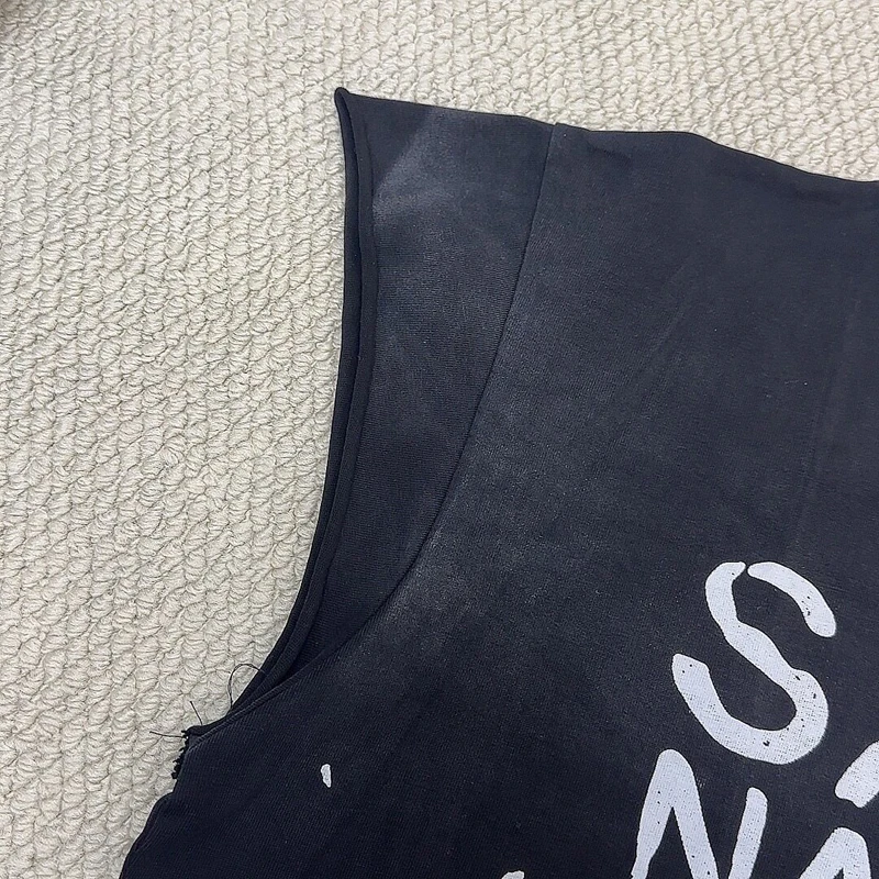 Men Women Oversize SATOSHI Waistcoat Heavy-duty Destruction Washed Black Irregular Ink Splashing Sleeveless Tshirt Stacked Vest