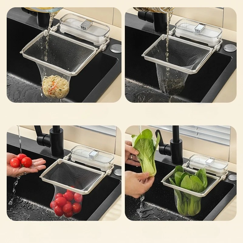 Kitchen Sink Filter Rack with 50pcs Net Filter Bag Foldable Multi-Purpose Drainage Basket Leftovers Soup Food Drainer Shelf