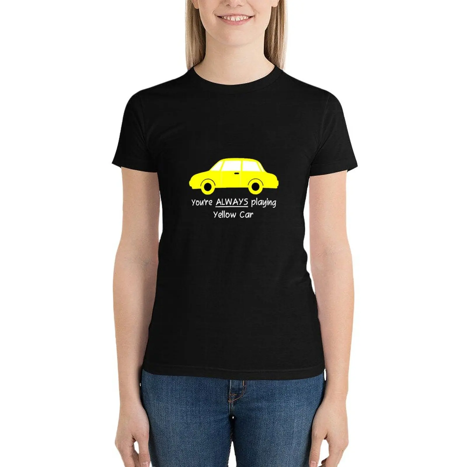 Yellow Car (White Text) T-Shirt lady clothes cute tops Aesthetic clothing white t shirts for Women