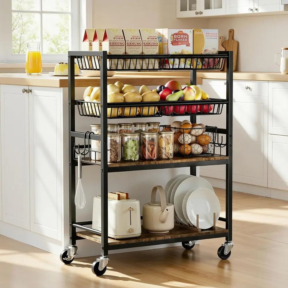 

ruit Vegetable Storage Cart, 4-Tier Rolling Kitchen Storage Cart, ruit & Vegetables Basket Stand, Snack Organizer Shel Unit