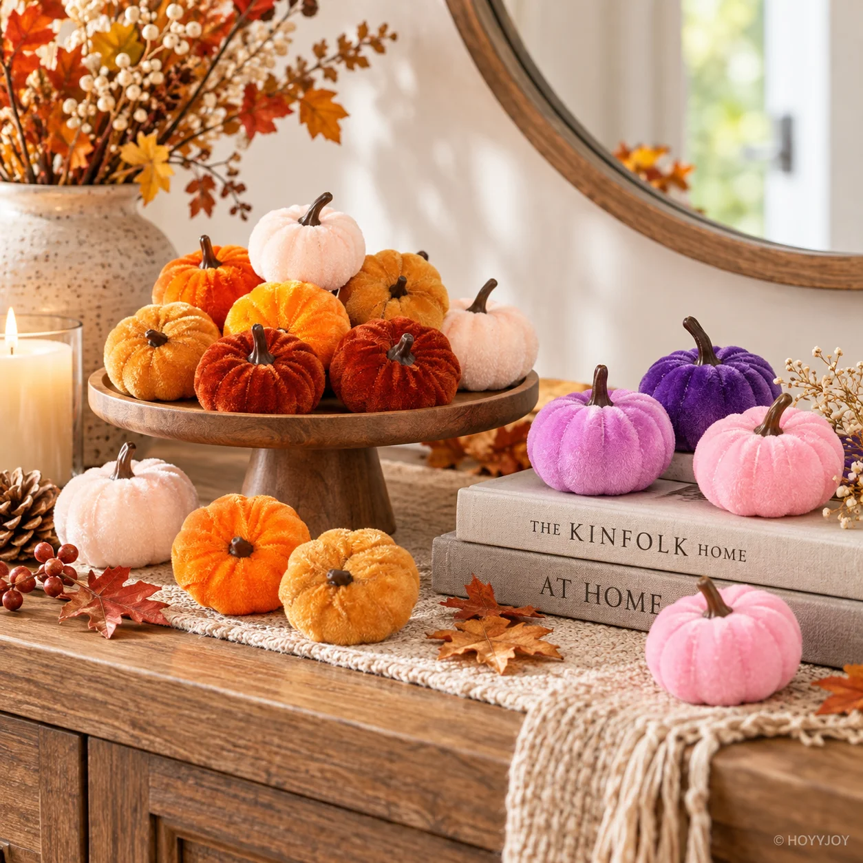 HOYVJOY 8pcs Mini Velvet Pumpkin Decor Assorted Colors for Fall Tiered Tray Bowl Thanksgiving Harvest Home Decor Plant DIY Plant