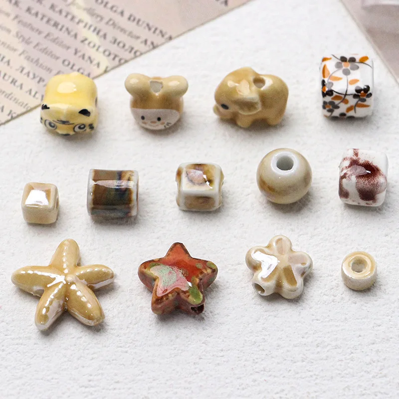 Milk Tea Autumn Series Ceramic Tiger & Baby Elephant Design DIY Handmade Bracelet Loose Beaded Jewelry Accessories