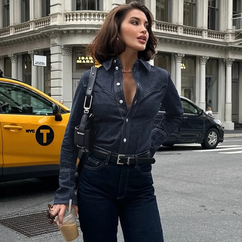 

Talenza Women Sexy Denim Jacket Retro Fashion Button-Up Patchwork Denim Shirt Top High-Waisted Slim Party Y2K Female Denim Coat