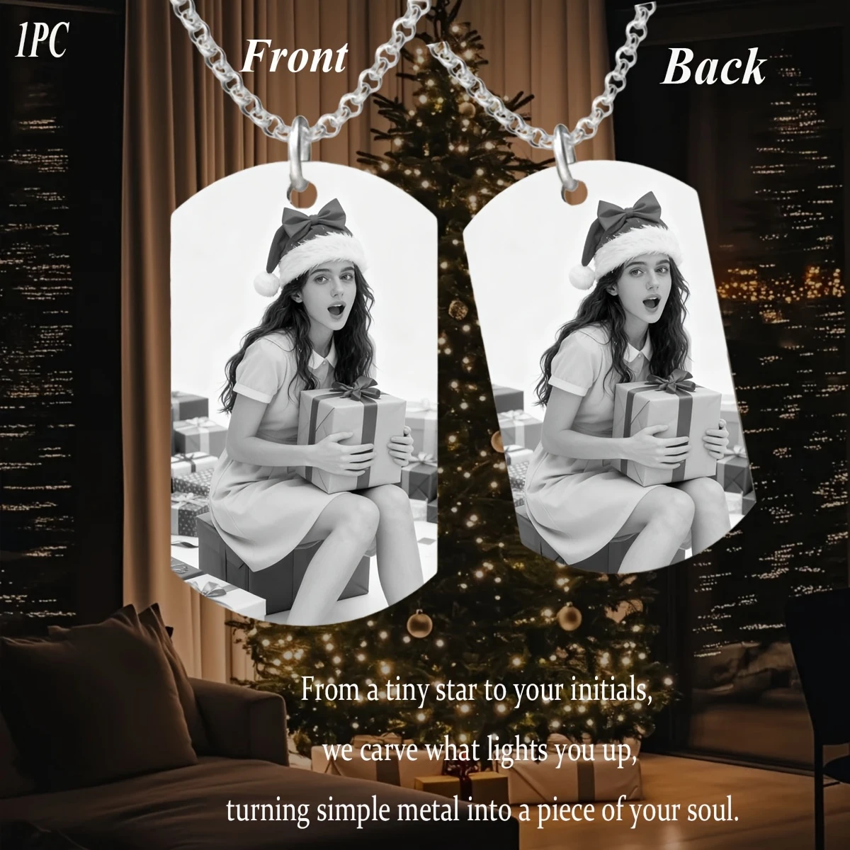 

Custom Stainless Steel Military Tag Necklace, Engravable with Photos/Text. One Side Features Your Image, Other My Silhouette