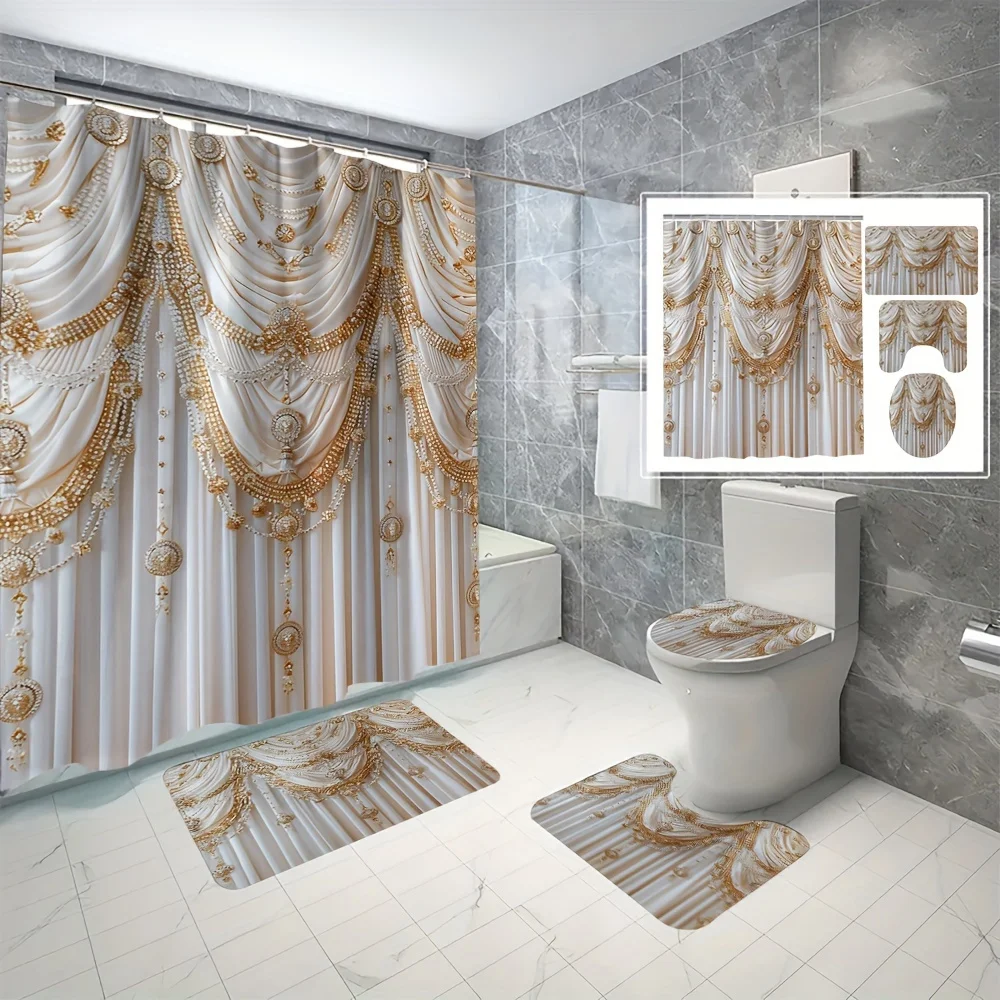 

4 шт., стерео украшение, цифровая печать, полиэстеровая занавеска для ванны, непробиваемая перегородка, набор из четырех предметов для ванной комнаты