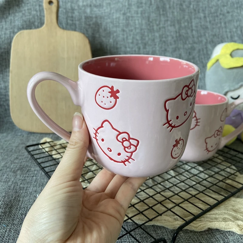 

Kawaii Hello Kitty Ceramic Mug Strawberry Pink Girl Breakfast Drinking Water Coffee Cup Children Silk Accessories Festival Gift