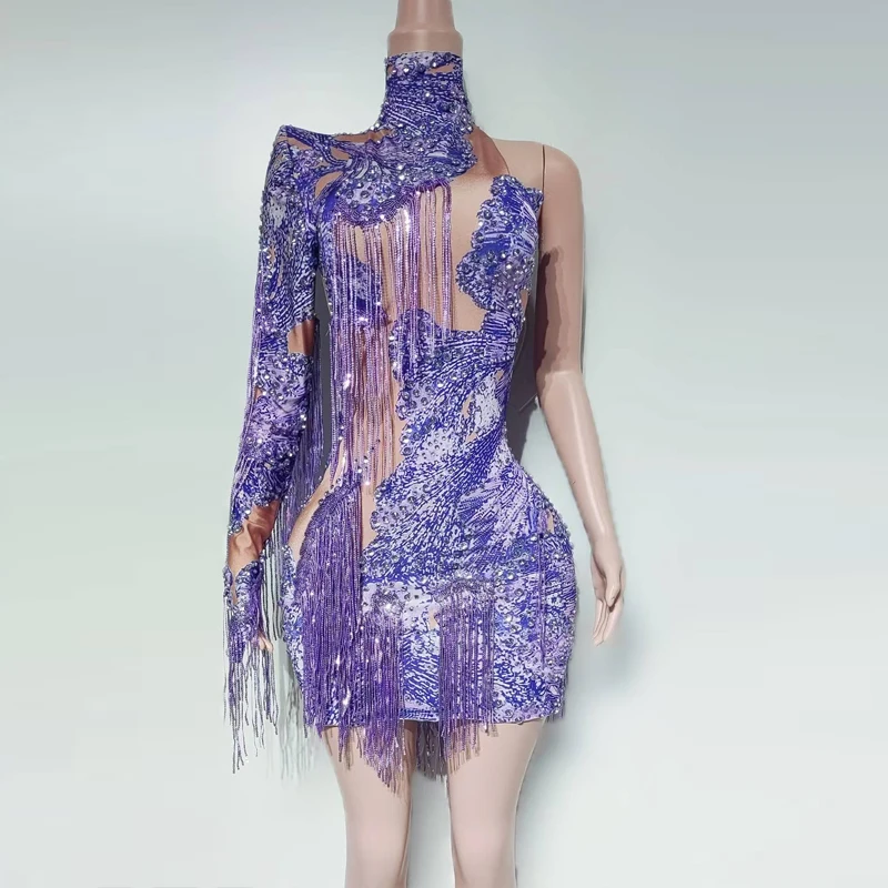 セクシーなポールダンス衣装女性ゴーゴーダンサー衣装片袖ラインストーンフリンジボディスーツハロウィンステージパーティードレス XS9994