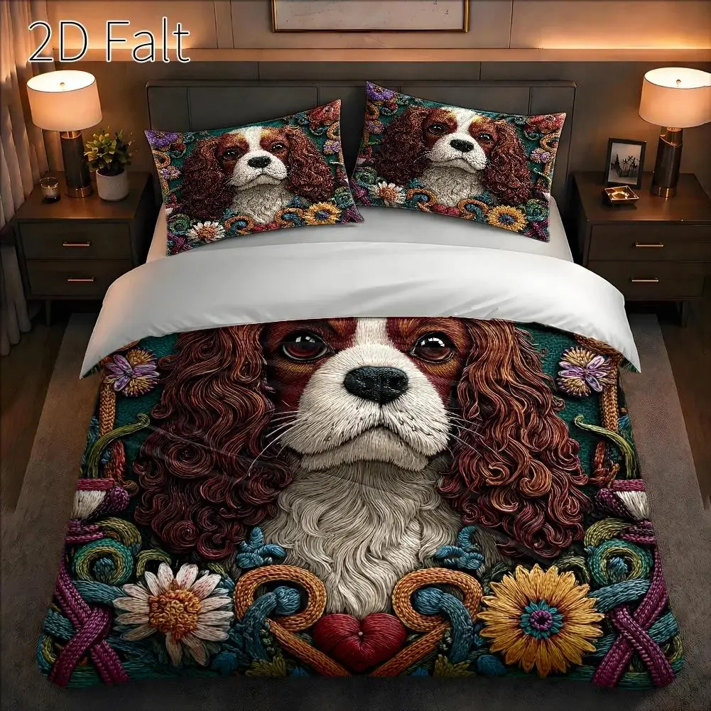 3-Piece Quilt Cover Set, 1 Quilt Cover + 2 Pillowcases (Without Filling) 2D Flat Printing, Three-Piece Quilt Cover Set, Dog-Themed Pattern, Embroidered Style, No Specific Holiday Theme, Suitable for All Seasons, Machine Washable, Invisible Zipper, Large Quilt Cover Set, Bedding Set, Skin-Friendly and Breathable, Soft and Comfortable, Does Not Fade or Pill, Suitable for Home/Dormitory