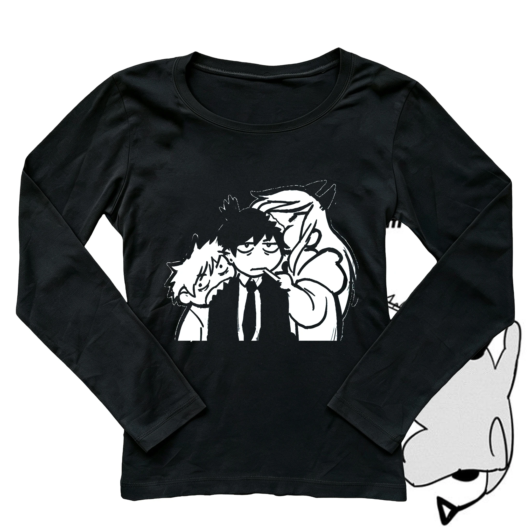Women's Long Sleeve T-shirt, Chainsaw Man Black White Comic Characters Print Tee, Y2K Harajuku Egirl Aesthetic Slim O-neck Casua