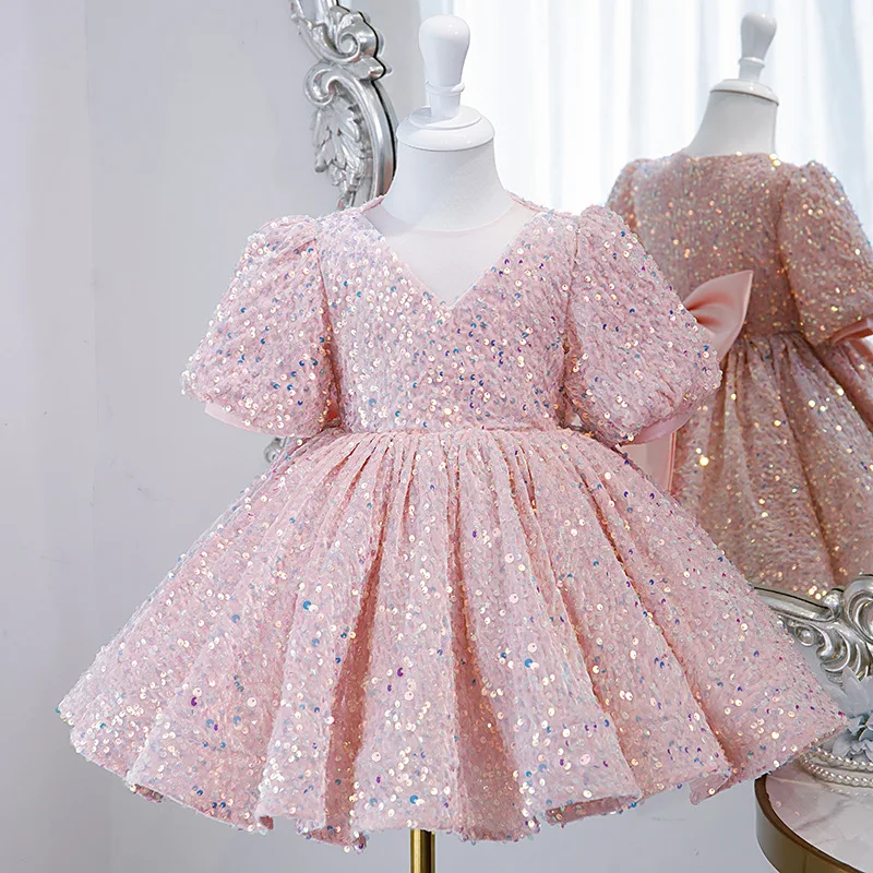 Pink Sequin Formal Dresses for Teens Girls 2022 Luxury Gowns 2 To 14 Years Kids Bow Princess Evening Short Dress Birthday Party