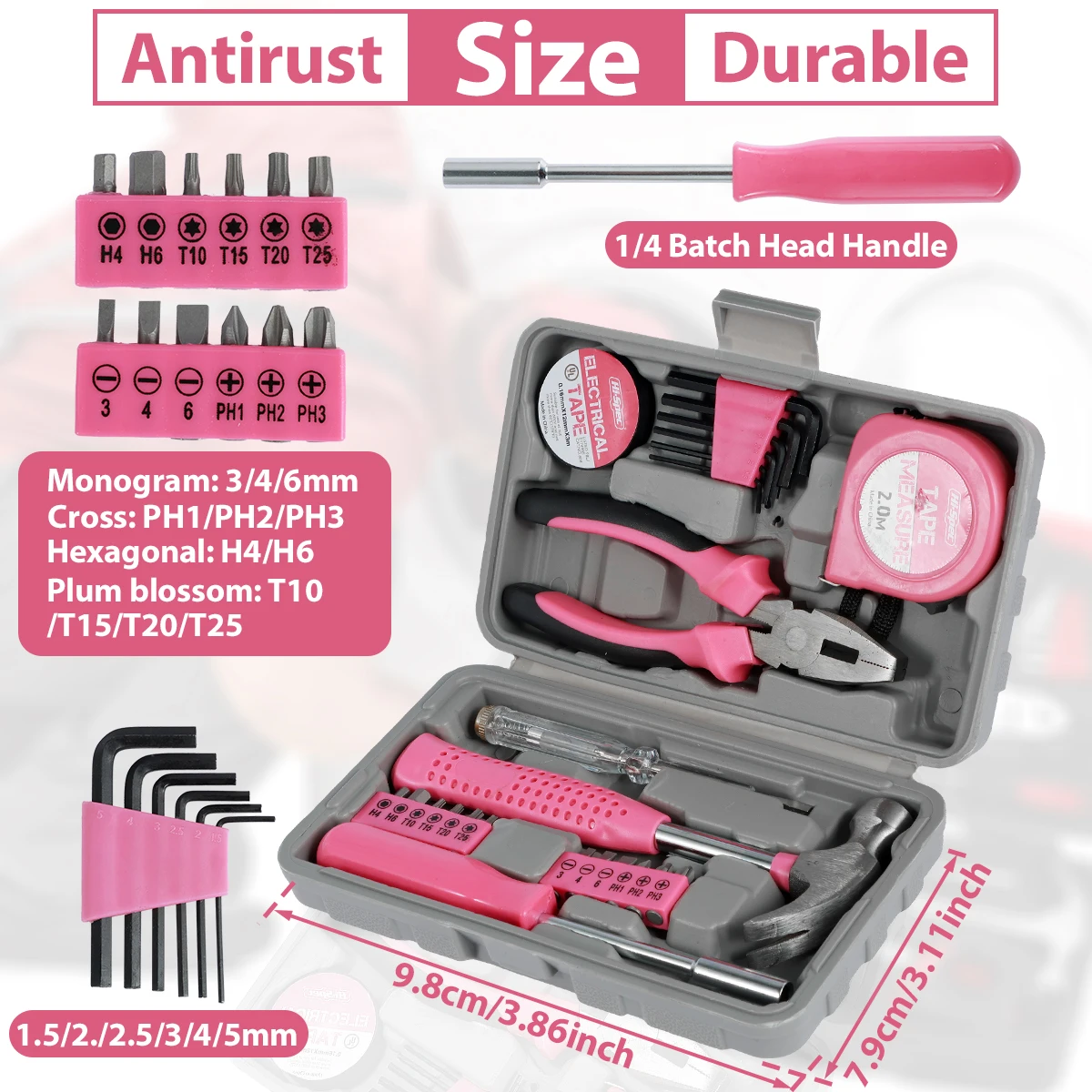 13/24Pcs Household Repair Tool Kit Multi-Purpose Pink Hand Tool Set with Storage Case Durable Hammer and Allen Key Set