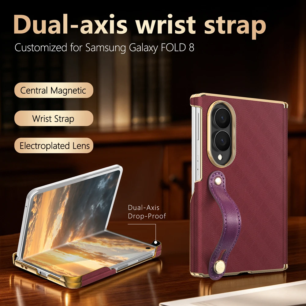 PU Leather Wrist Strap Case For Samsung Galaxy Fold 8 7 6 Fold8 Ultra Plating Hard anti-fall Protective Cover